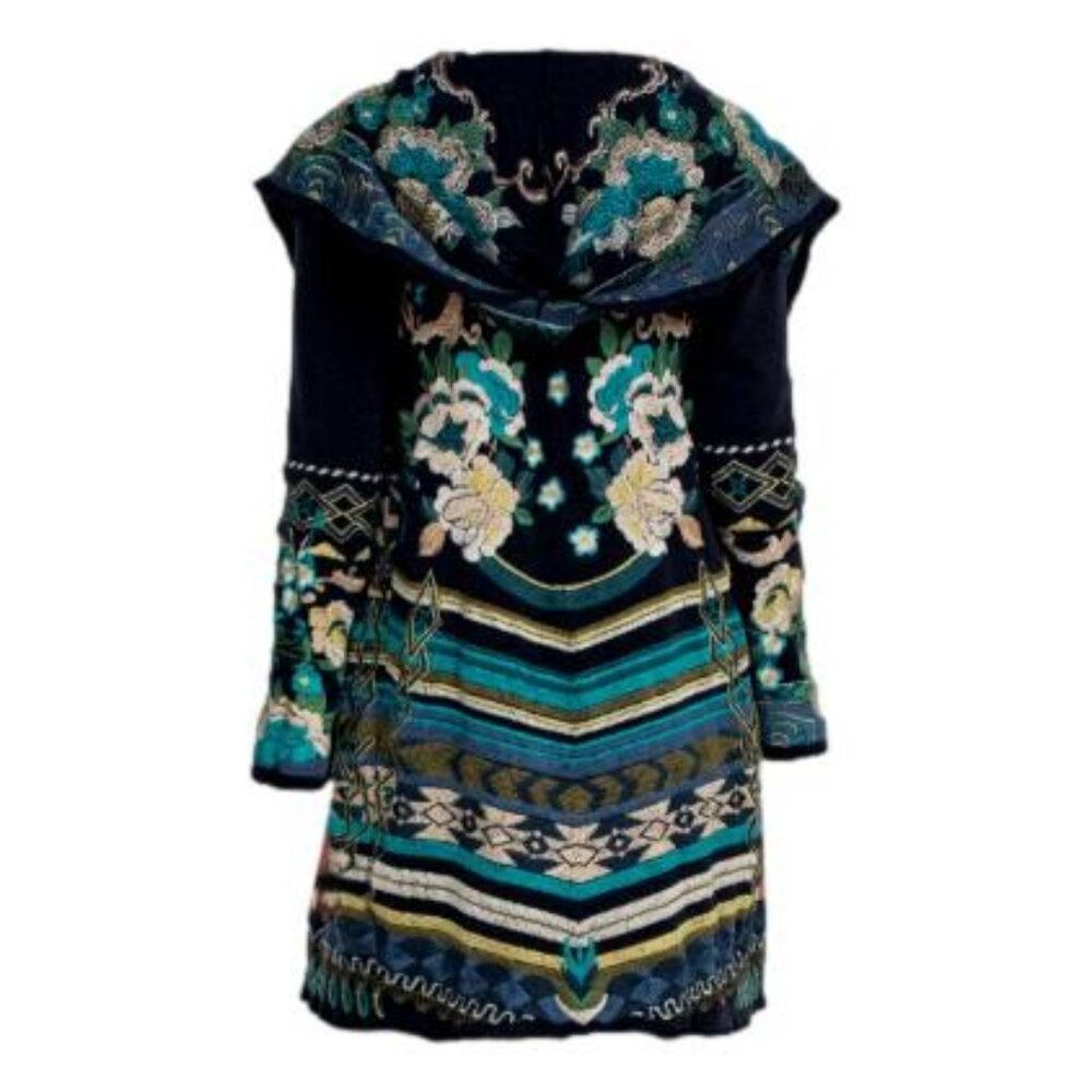 Biya Johnny Was Nimue Embroidered Hooded Boho Duster Cardigan Coat Jacket Size S